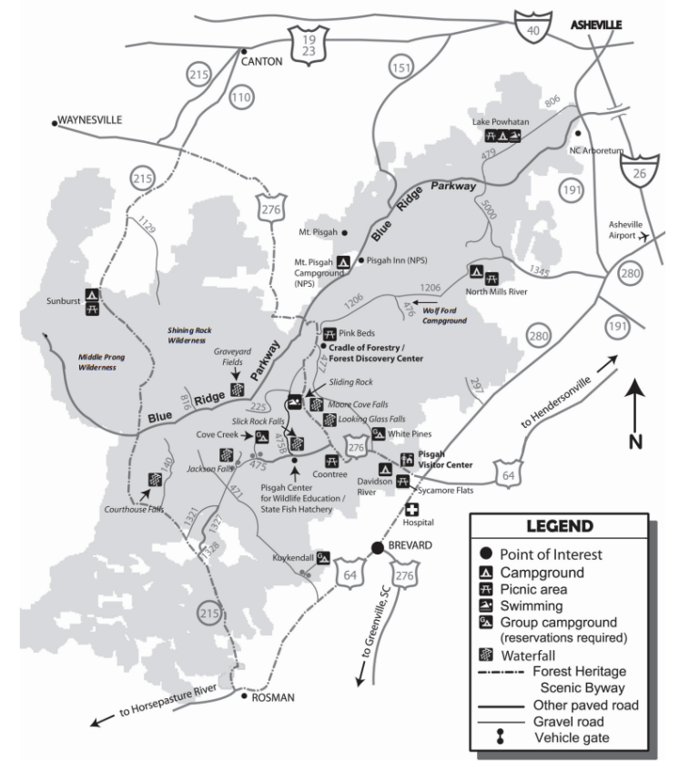 Map of Pisgah Ranger District of Pisgah National Forest, including Looking glass waterfall, graveyard fields, and daniel ridge loop trails
